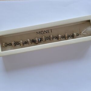 Monet Bracelet Vintage Y2K Neutral Tone Round Crystal Charm Signed New In Box
